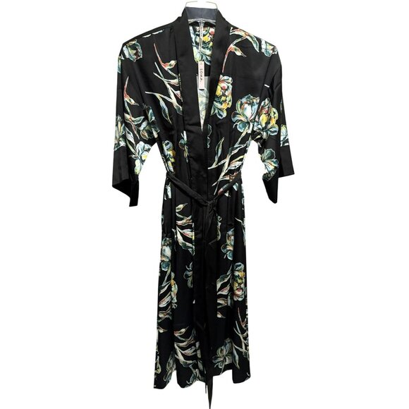 SOMA Satin Kimono Robe Impressions Floral Black Midi Wide Flowy Sleeves Sz S/M - Picture 8 of 11